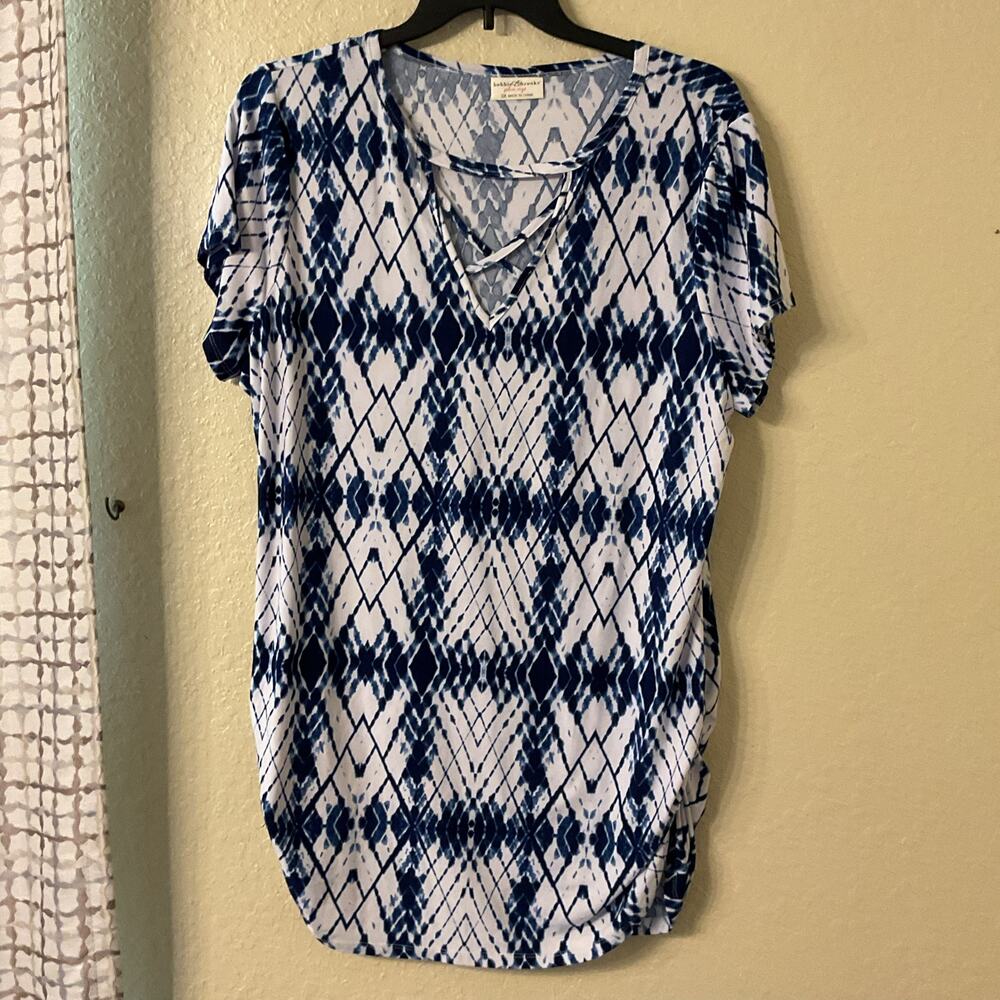 Bobbie Brooks Plus Size 3X Dress Tunic Blue White Ikat Diamond Geometric Strappy